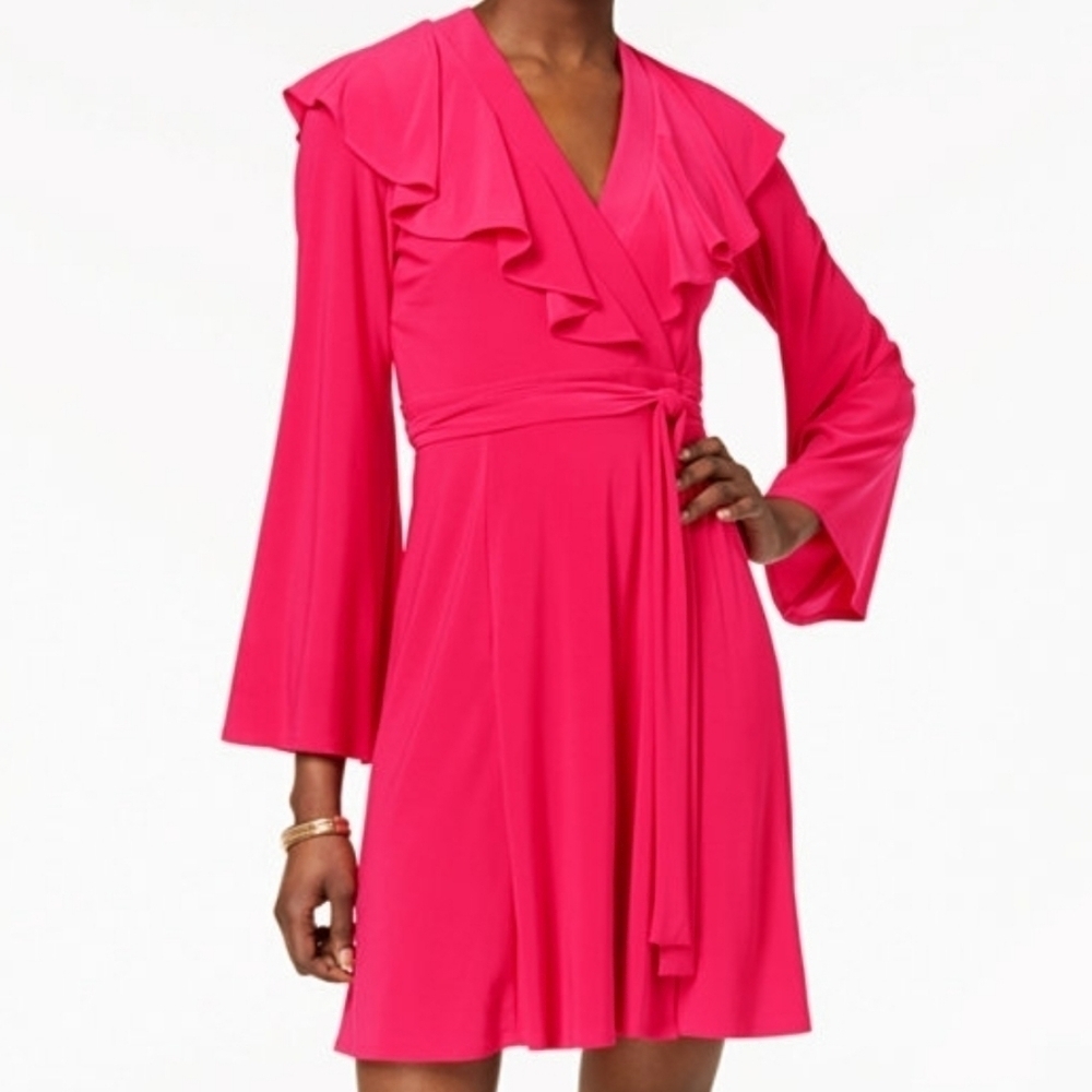 PINK TAYLOR SIZE 8 FUSHIA RUFFLED WRAP‎ DRE…